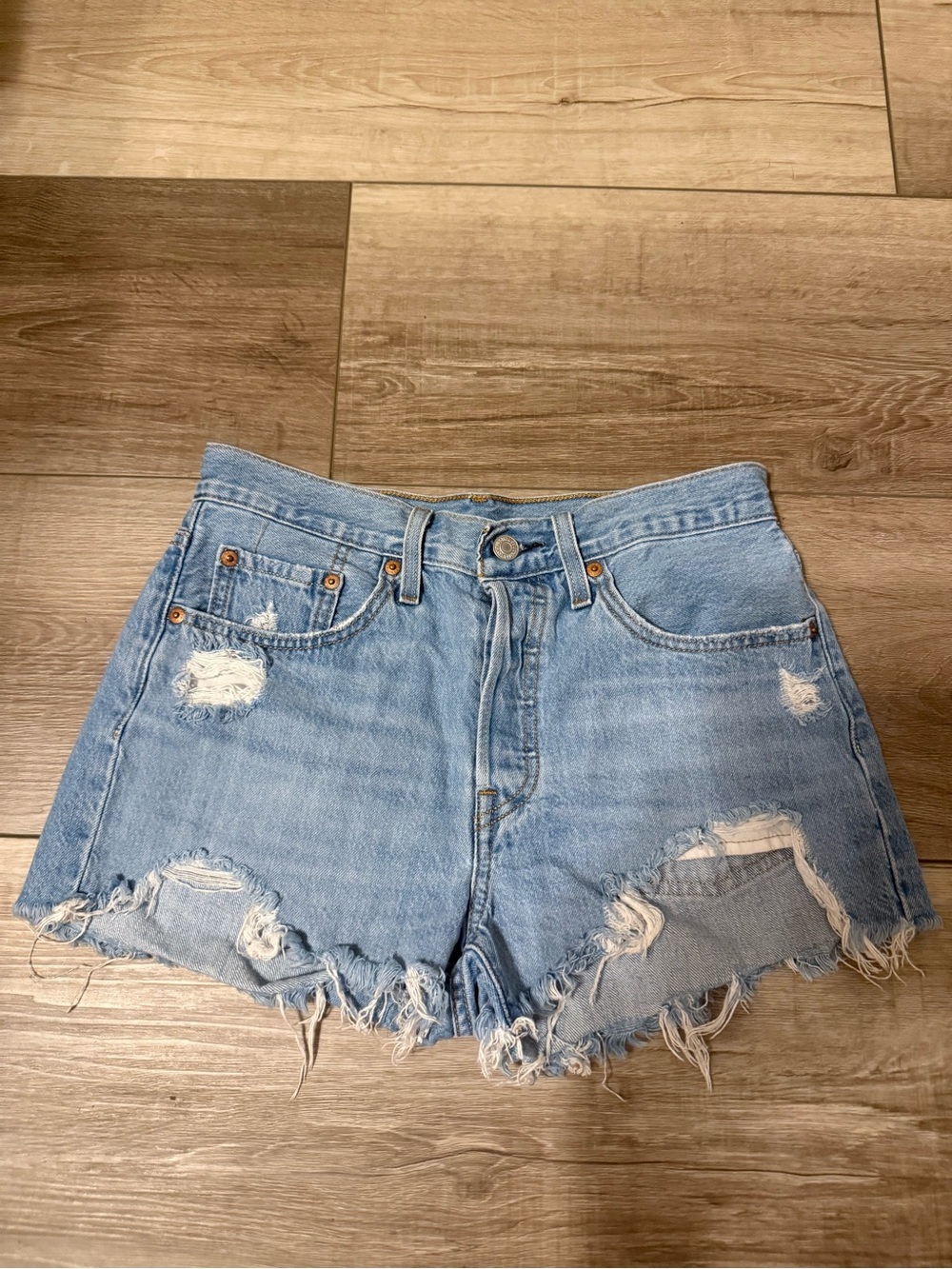 Levi's Light Blue Distressed Frayed Hem Denim Shorts